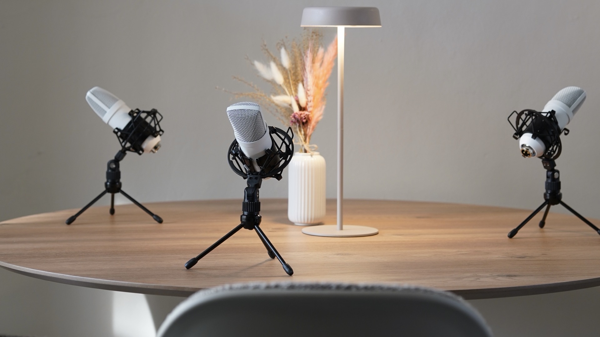 Professional podcast studio setup with microphones